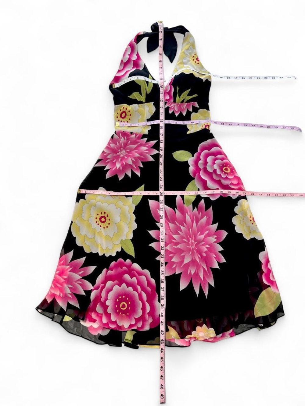 Floral Halter Backless Midi Dress Caché - Black with Pink & Yellow Blooms - Picture 7 of 7